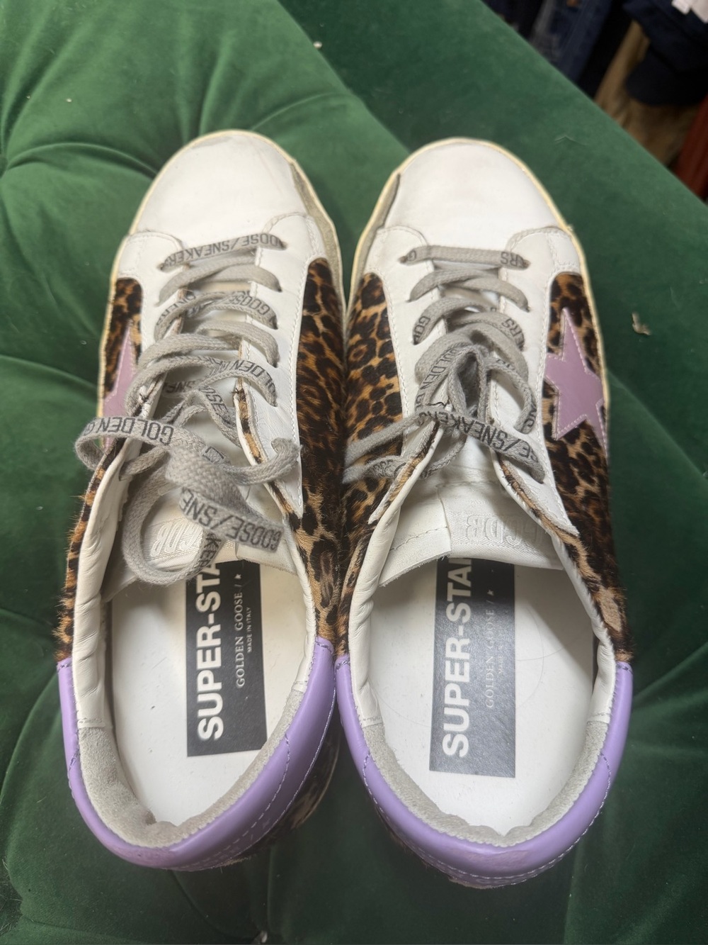 Golden Goose Leopard Haircalf Sneakers with Lavender Star and Heel